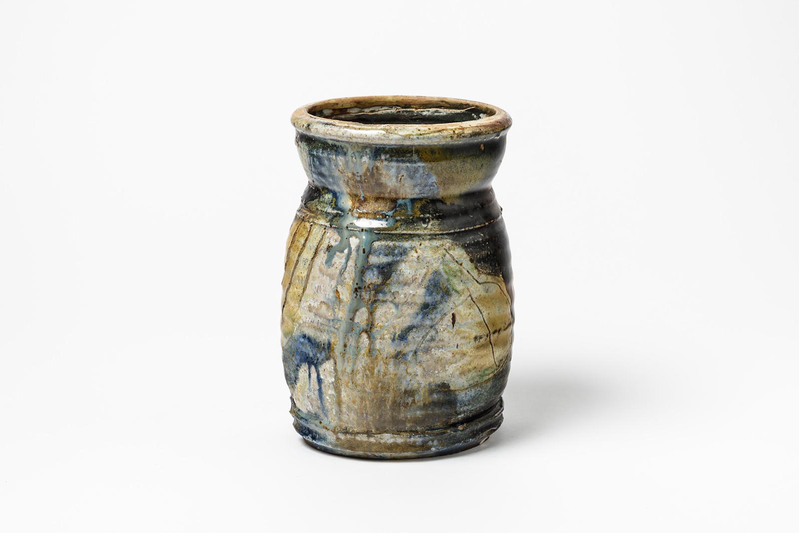 Vase en céramique abstraite bleu et jaune fait à la main par Jo Miquel, vers 1980 Excellent état - En vente à Neuilly-en- sancerre, FR