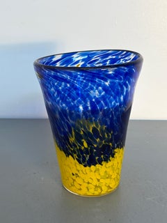 Blue and Yellow Art Glass Vase with Mottled Glass Decoration