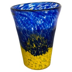 Blue and Yellow Art Glass Vase with Mottled Glass Decoration