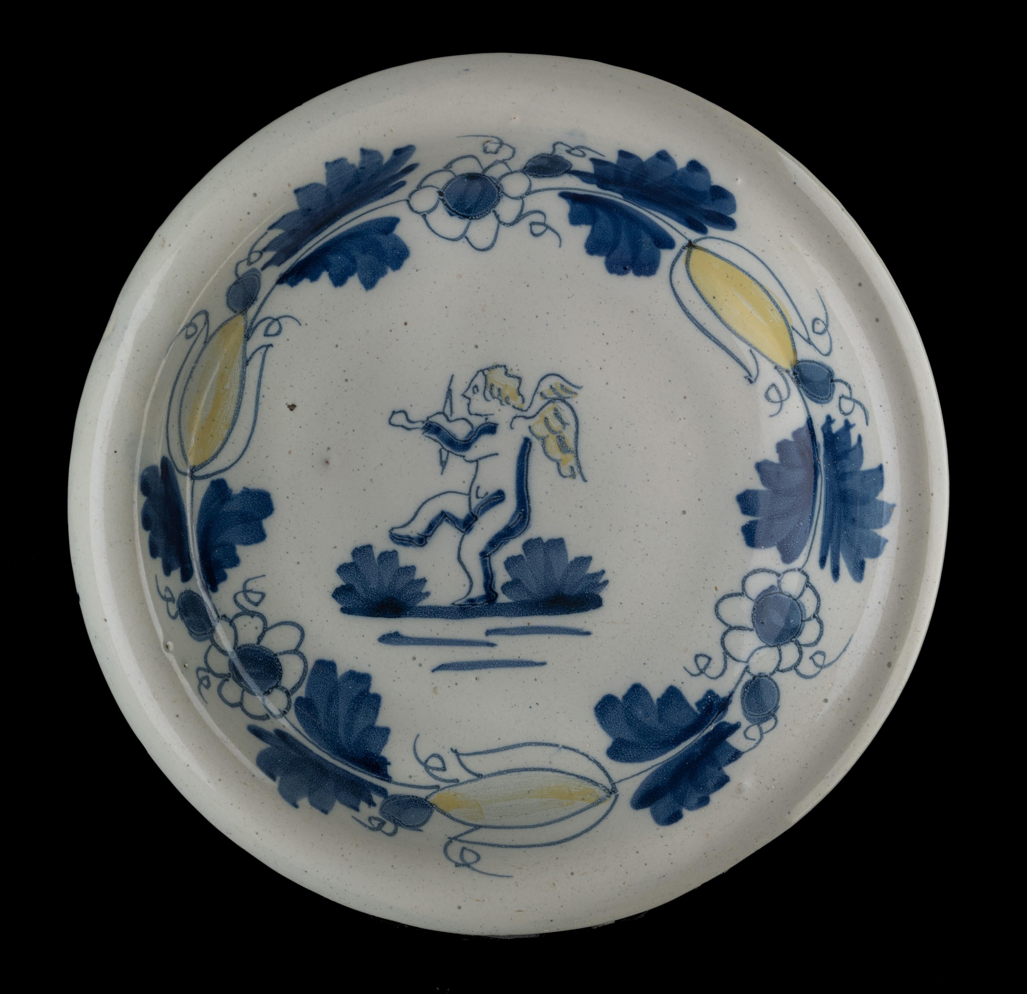 Baroque Blue and Yellow Bowl with Putto Delft, circa 1690 For Sale