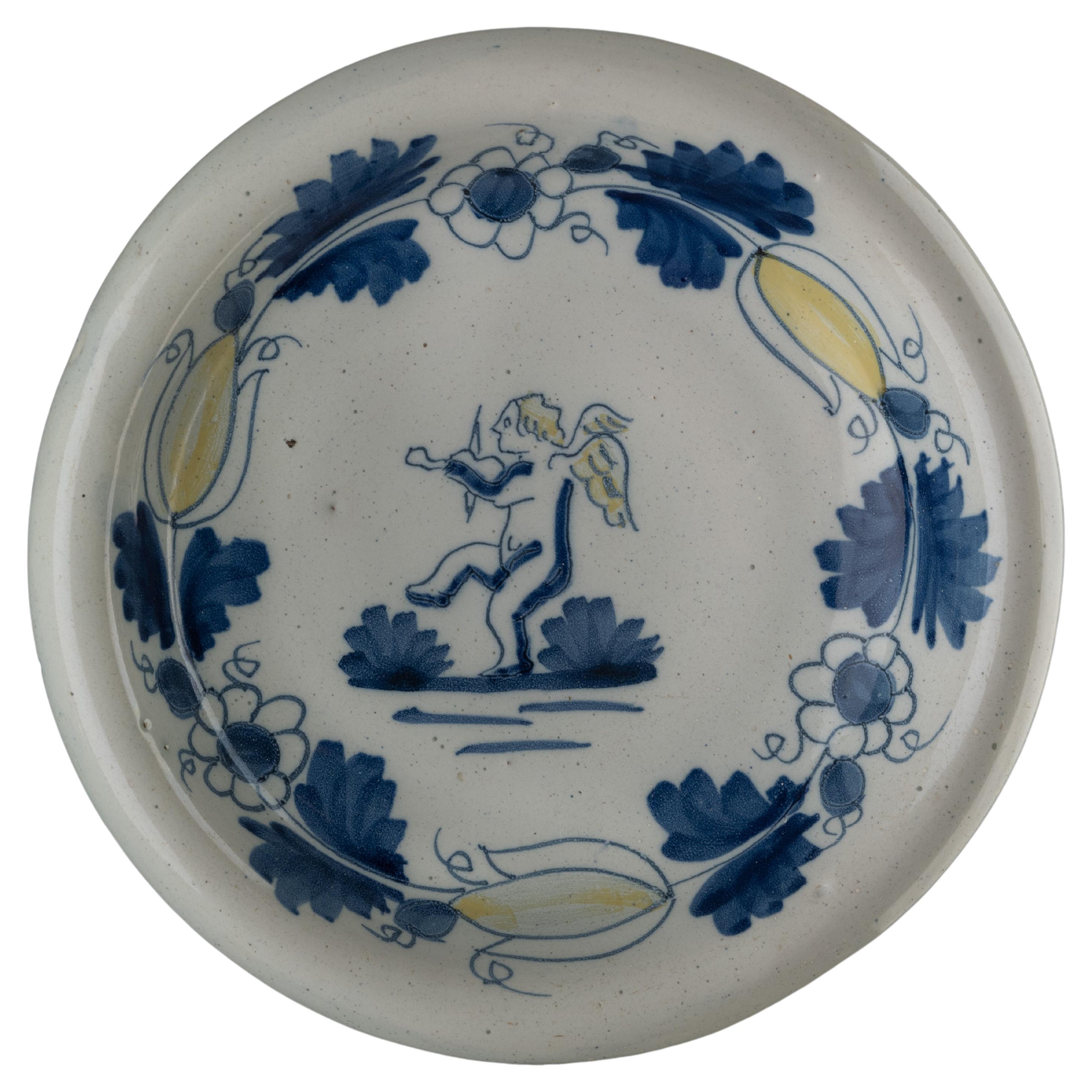 Blue and Yellow Bowl with Putto Delft, circa 1690 For Sale