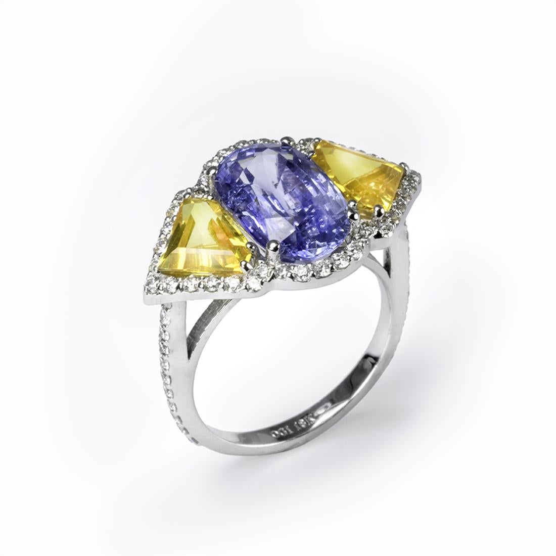 Cushion Cut Ceylon Blue and Yellow Sapphire Diamond Gold Cocktail Ring Weighing 8.26 Carat