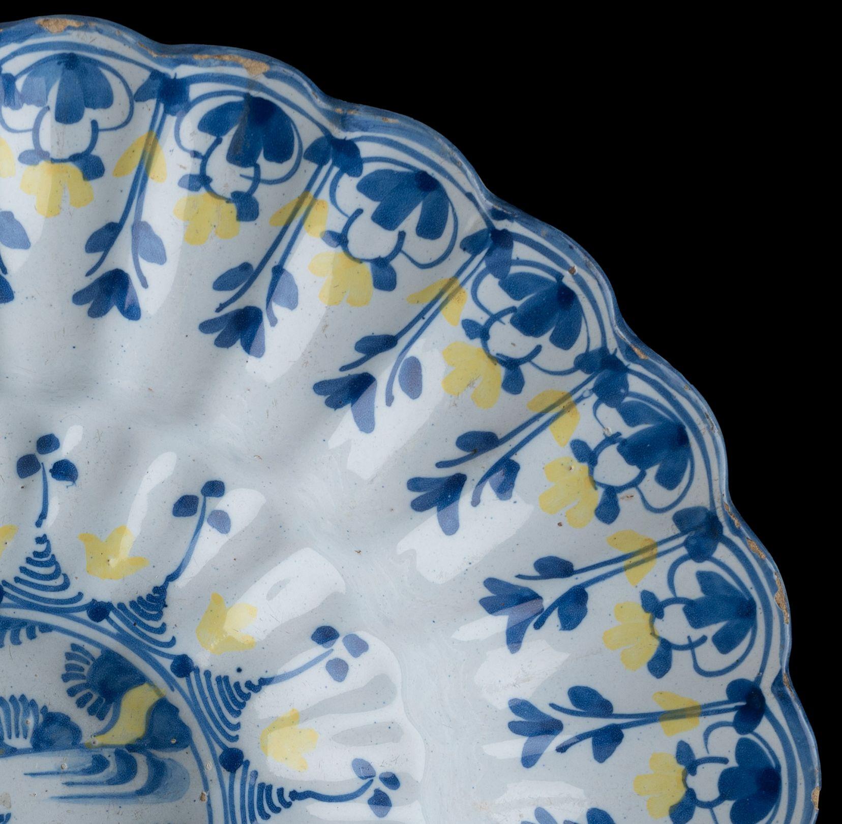 Glazed Blue and Yellow Chinoiserie Lobed Dish, Delft, 1680-1700 For Sale