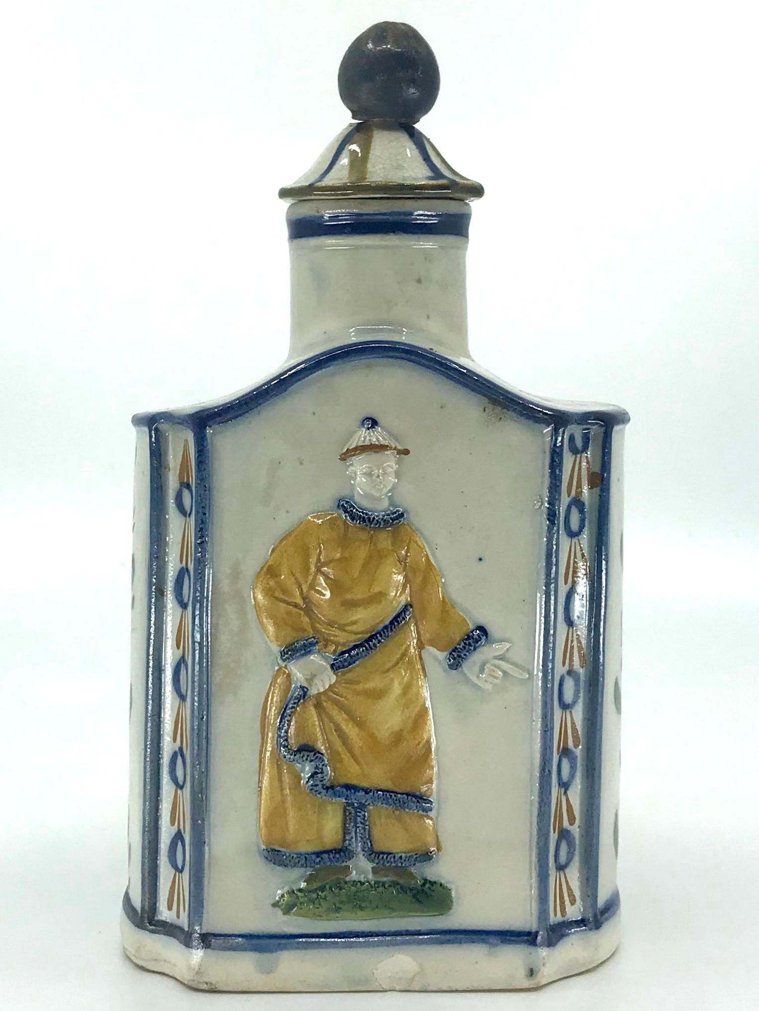 Pottery Blue and Yellow Chinoiserie Tea Caddy For Sale