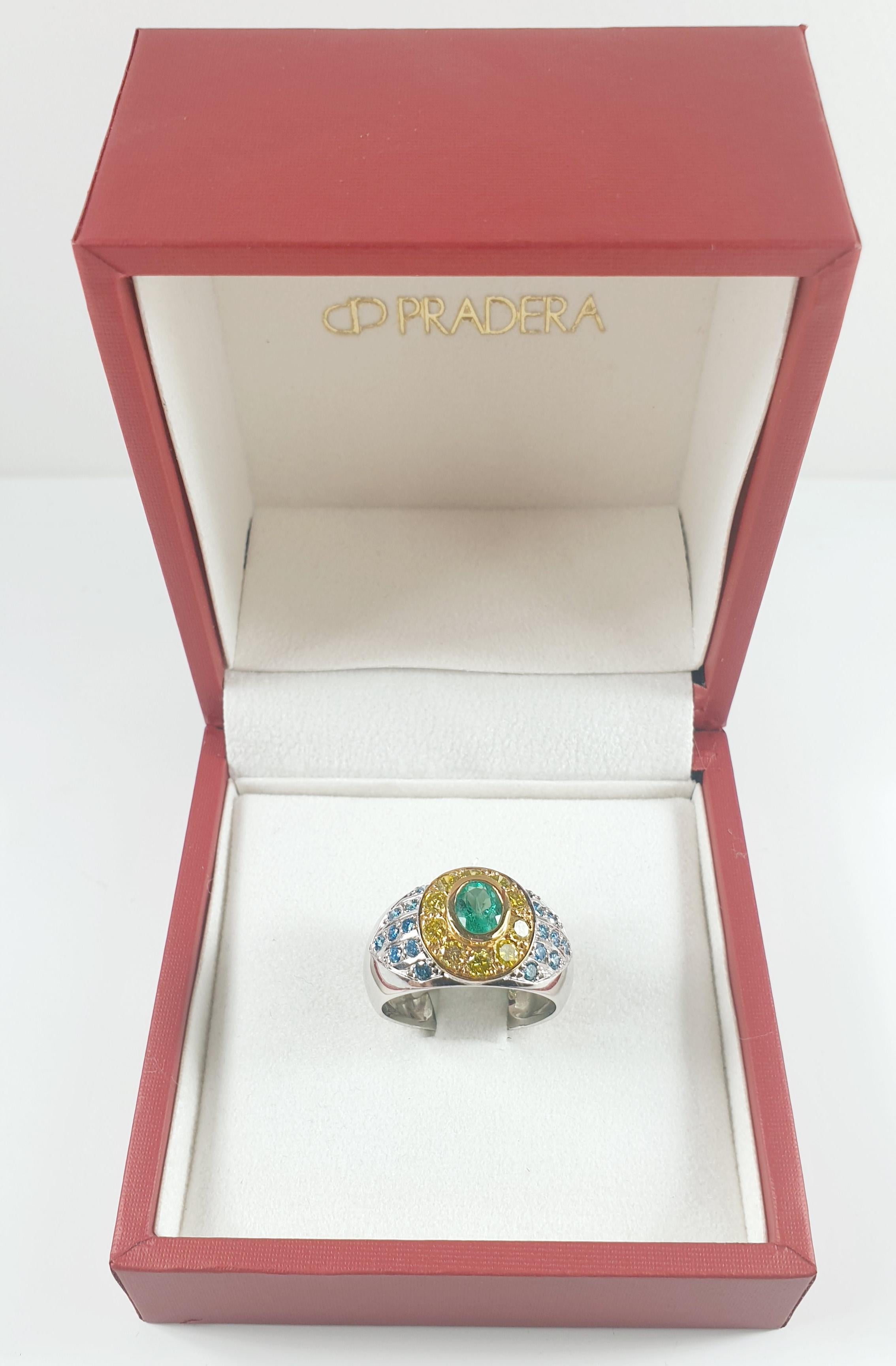 Blue and Yellow Diamonds Pairing with a Tsavorite in an 18 Karat White Gold Ring For Sale 1