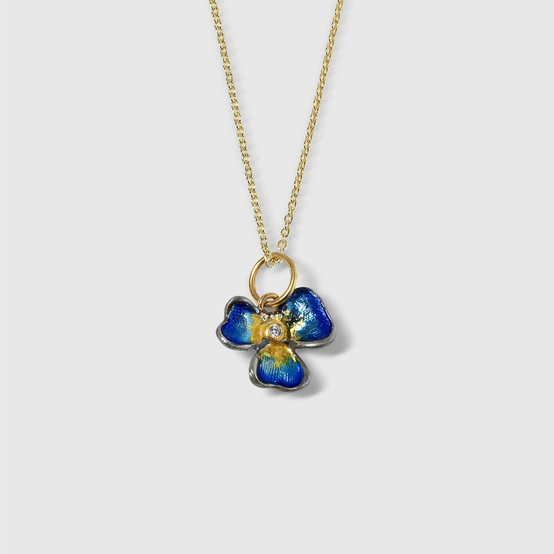 Pansy Flower pendant, enamel - Blue and Yellow Enamel and Diamond Flower Pendant Necklace set in  24kt Yellow Gold and Silver by Prehistoric Works of Istanbul, Turkey. These pendants look great alone or paired with other coin pendants or with