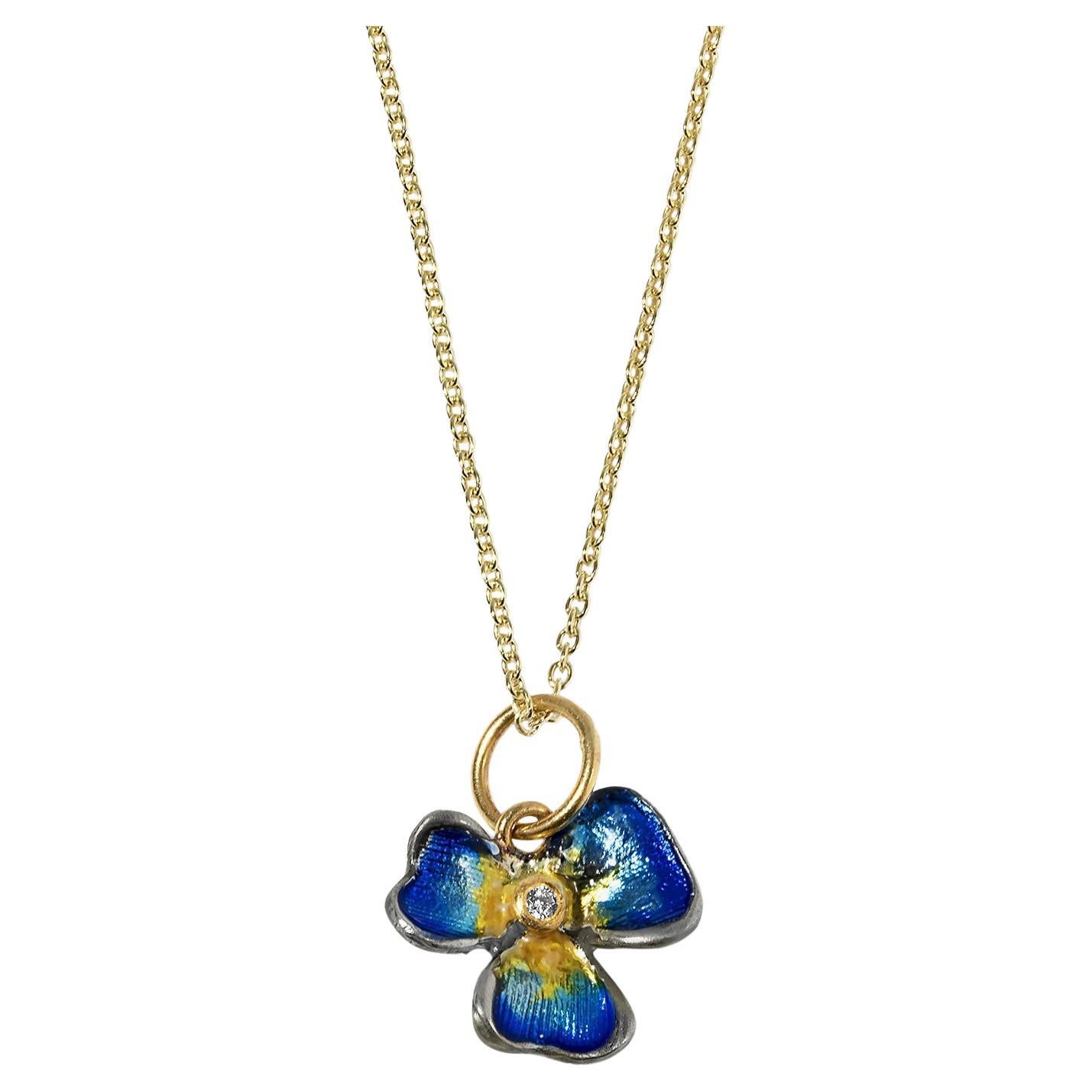 Blue and Yellow Enamel and Diamond Flower Pendant Necklace 24k Gold and Silver For Sale