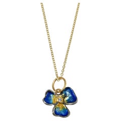 Blue and Yellow Enamel and Diamond Flower Pendant Necklace 24k Gold and Silver