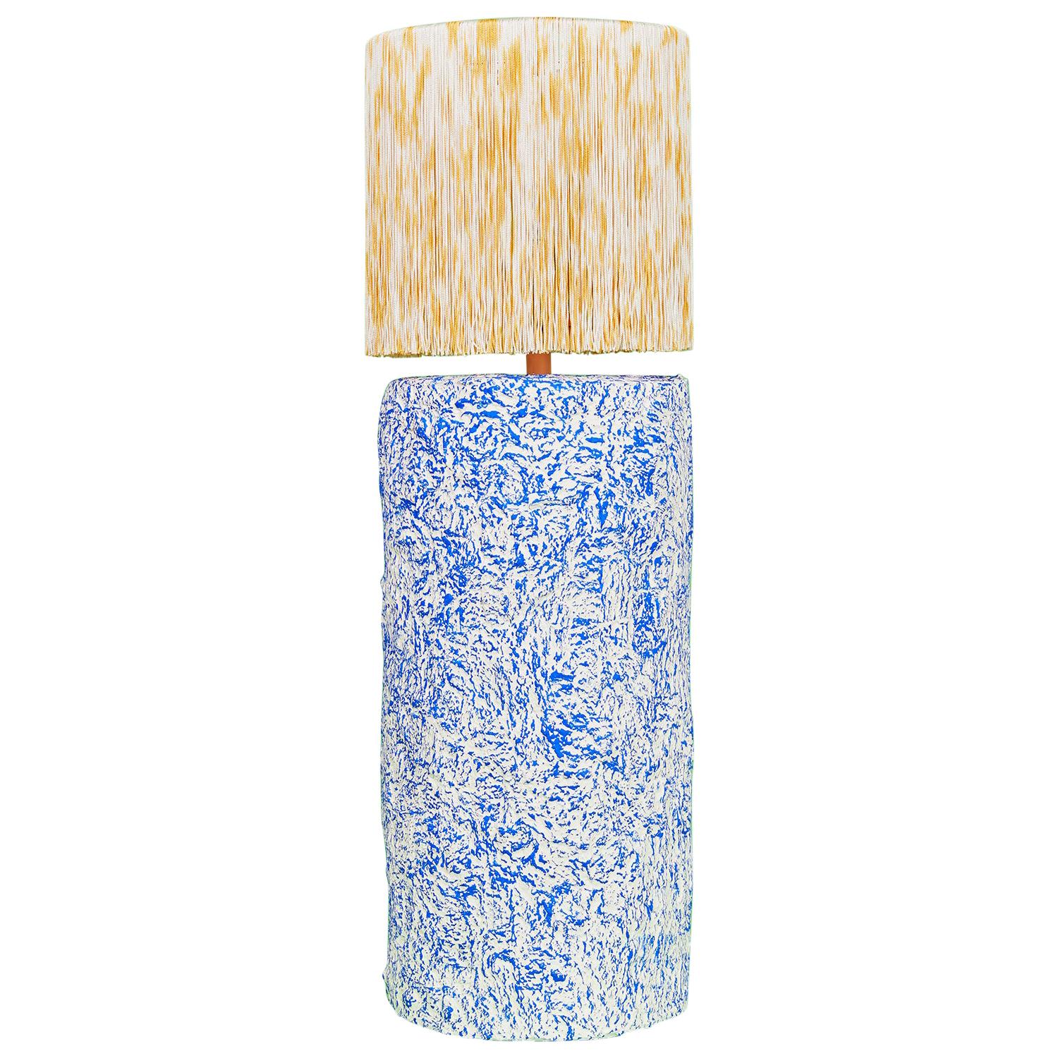 Blue and Yellow Fringed and Hand Knotted Papier Mâché Pilar Table Lamp