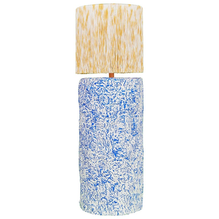 Blue and Yellow Fringed and Hand Knotted Papier Mâché Pilar Table Lamp For Sale
