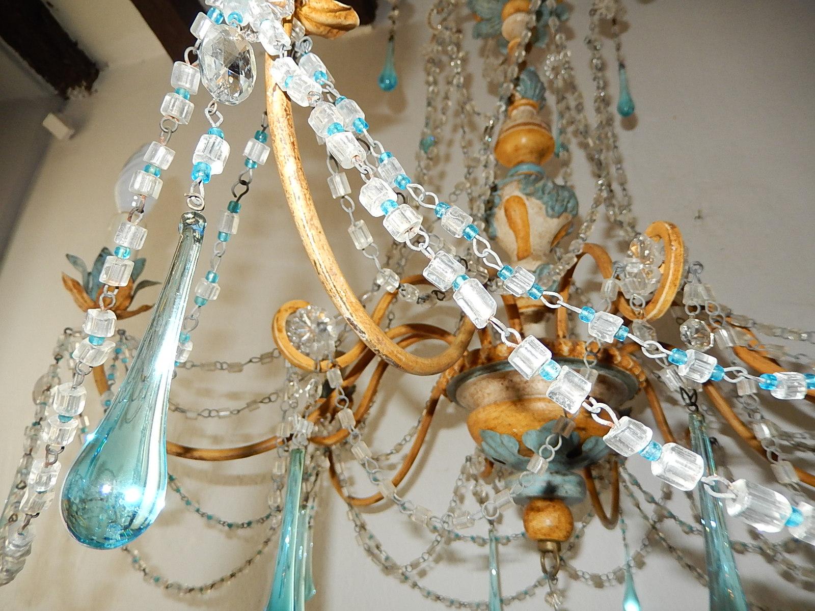Blue and Yellow Genovese Wood Crystal  Chandelier, circa 1900 5