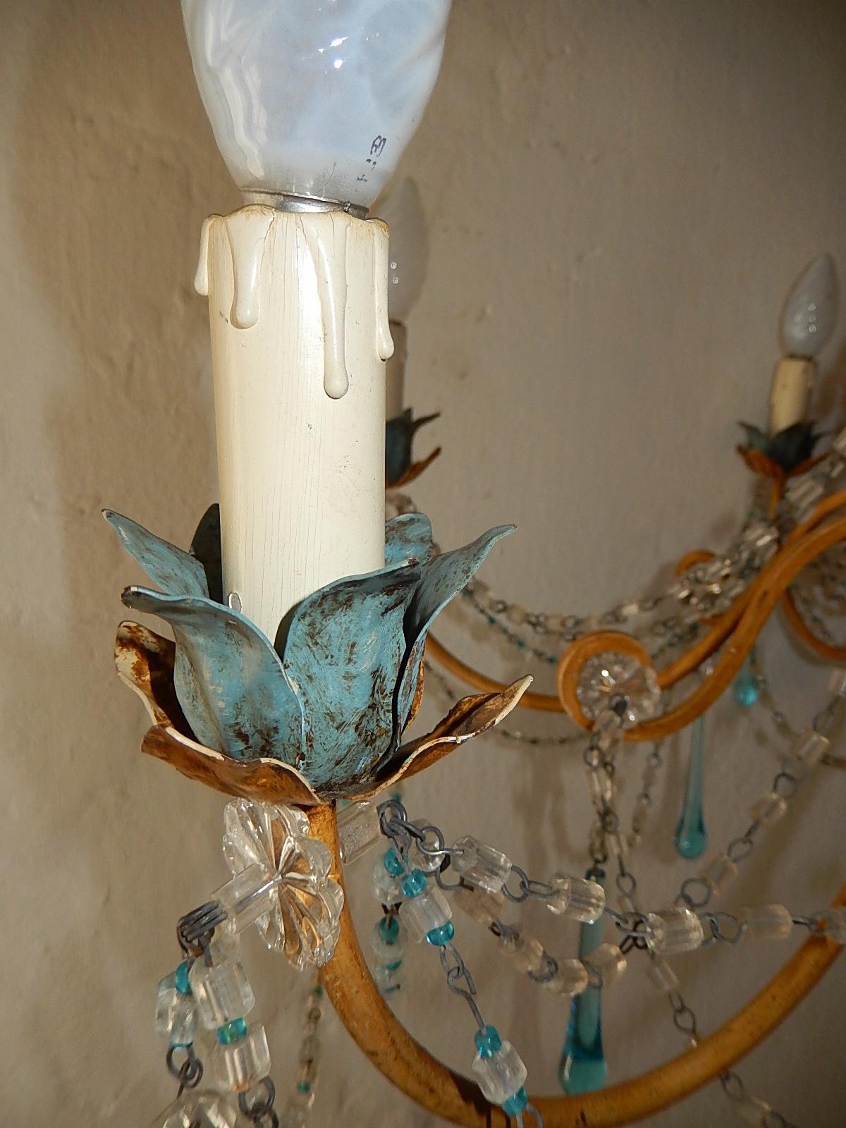 Blue and Yellow Genovese Wood Crystal  Chandelier, circa 1900 6