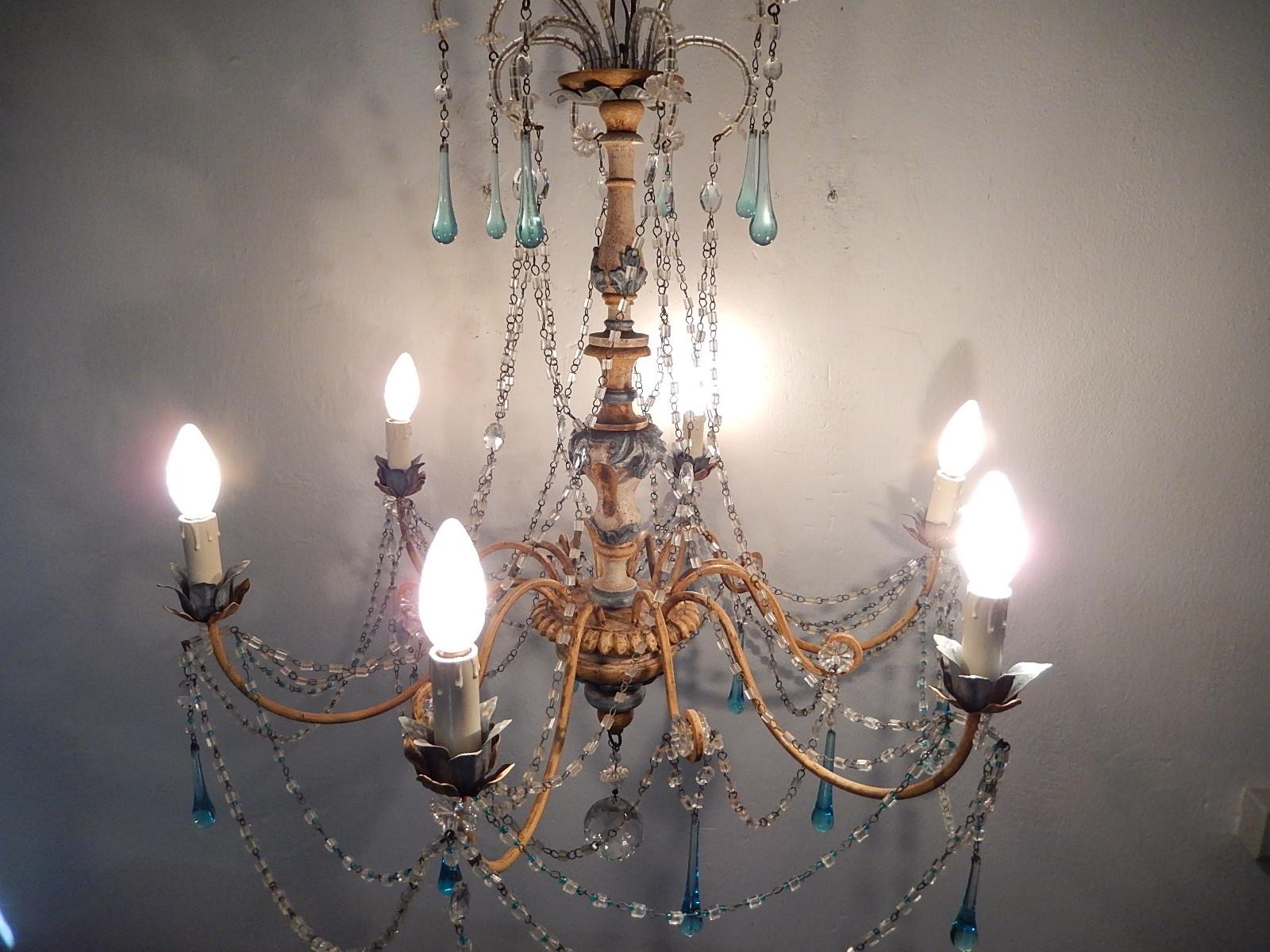 Italian Blue and Yellow Genovese Wood Crystal  Chandelier, circa 1900