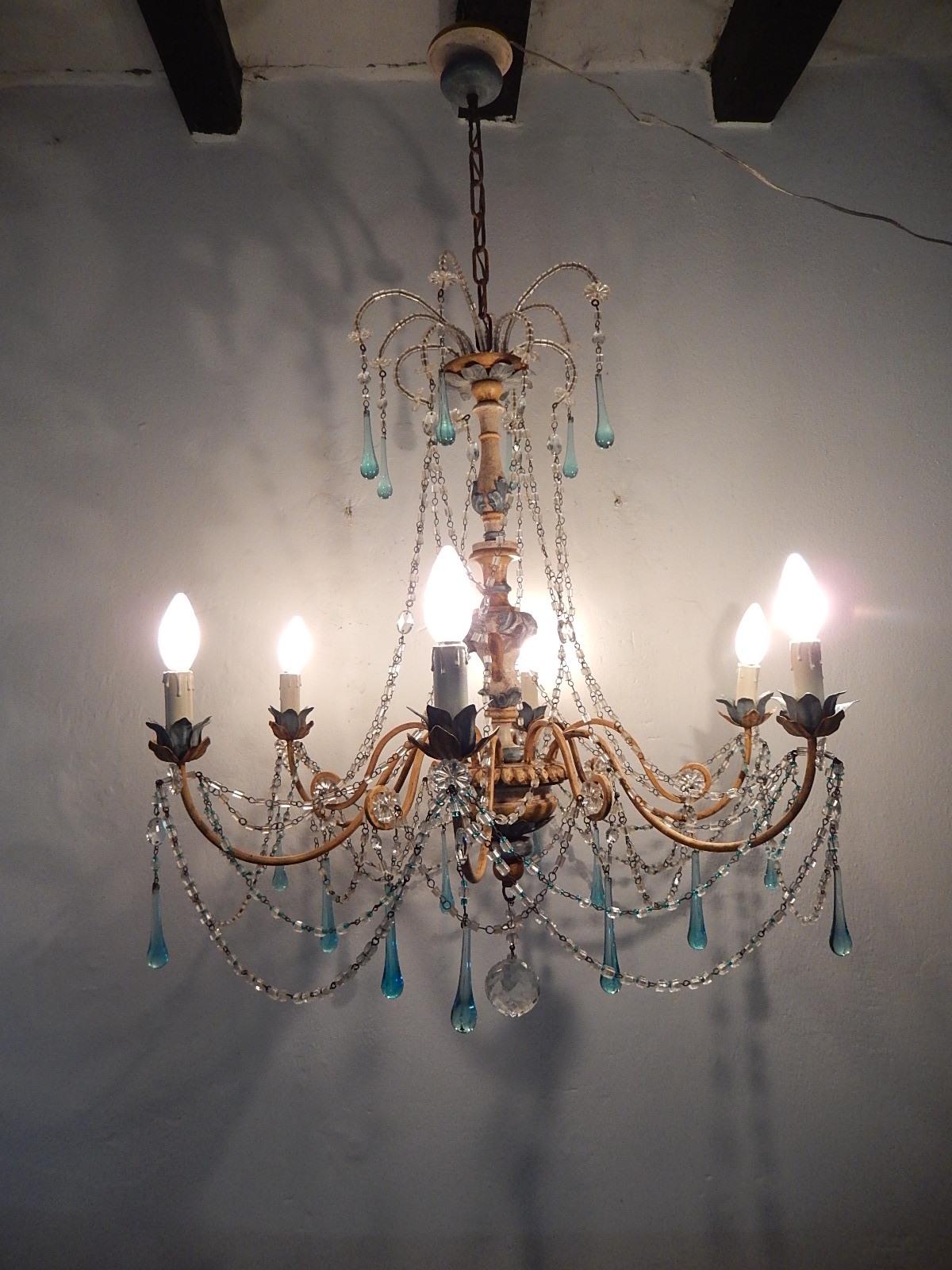 Blue and Yellow Genovese Wood Crystal  Chandelier, circa 1900 In Good Condition In Modena (MO), Modena (Mo)
