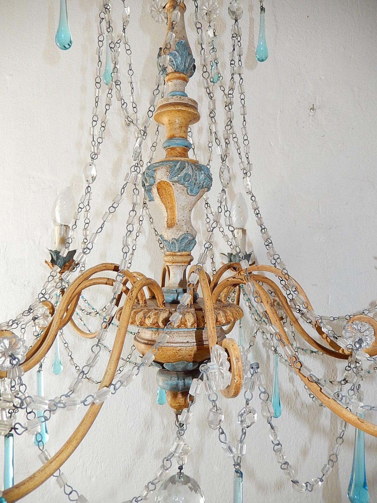 Early 20th Century Blue and Yellow Genovese Wood Crystal  Chandelier, circa 1900