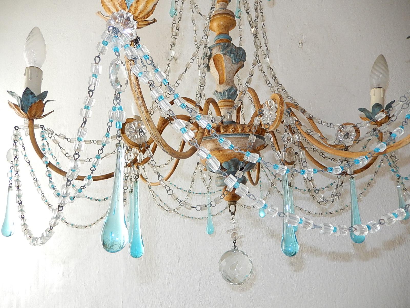 Blue and Yellow Genovese Wood Crystal  Chandelier, circa 1900 1