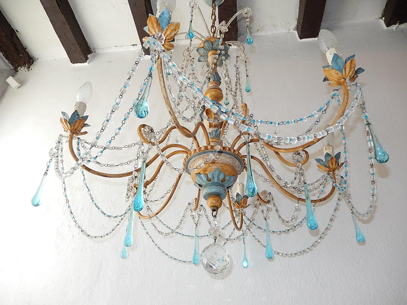 Blue and Yellow Genovese Wood Crystal  Chandelier, circa 1900 2