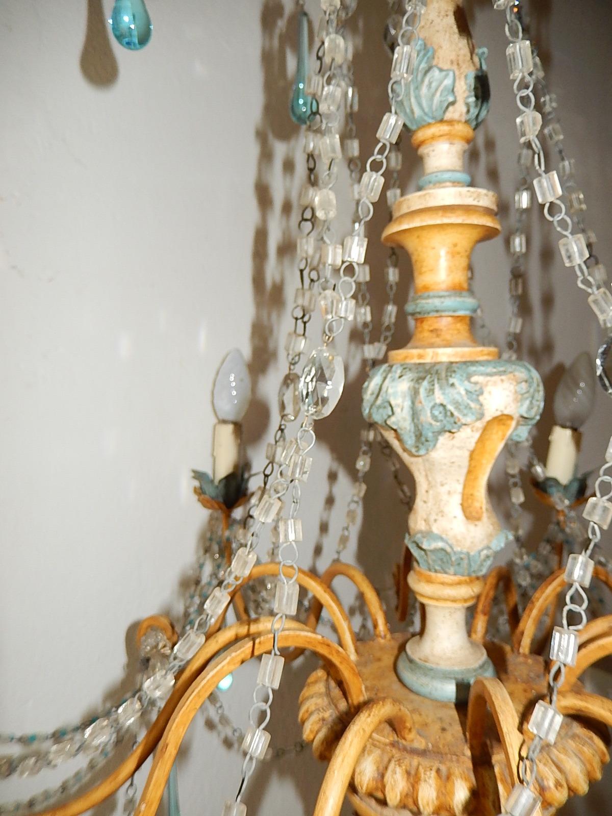 Blue and Yellow Genovese Wood Crystal  Chandelier, circa 1900 4