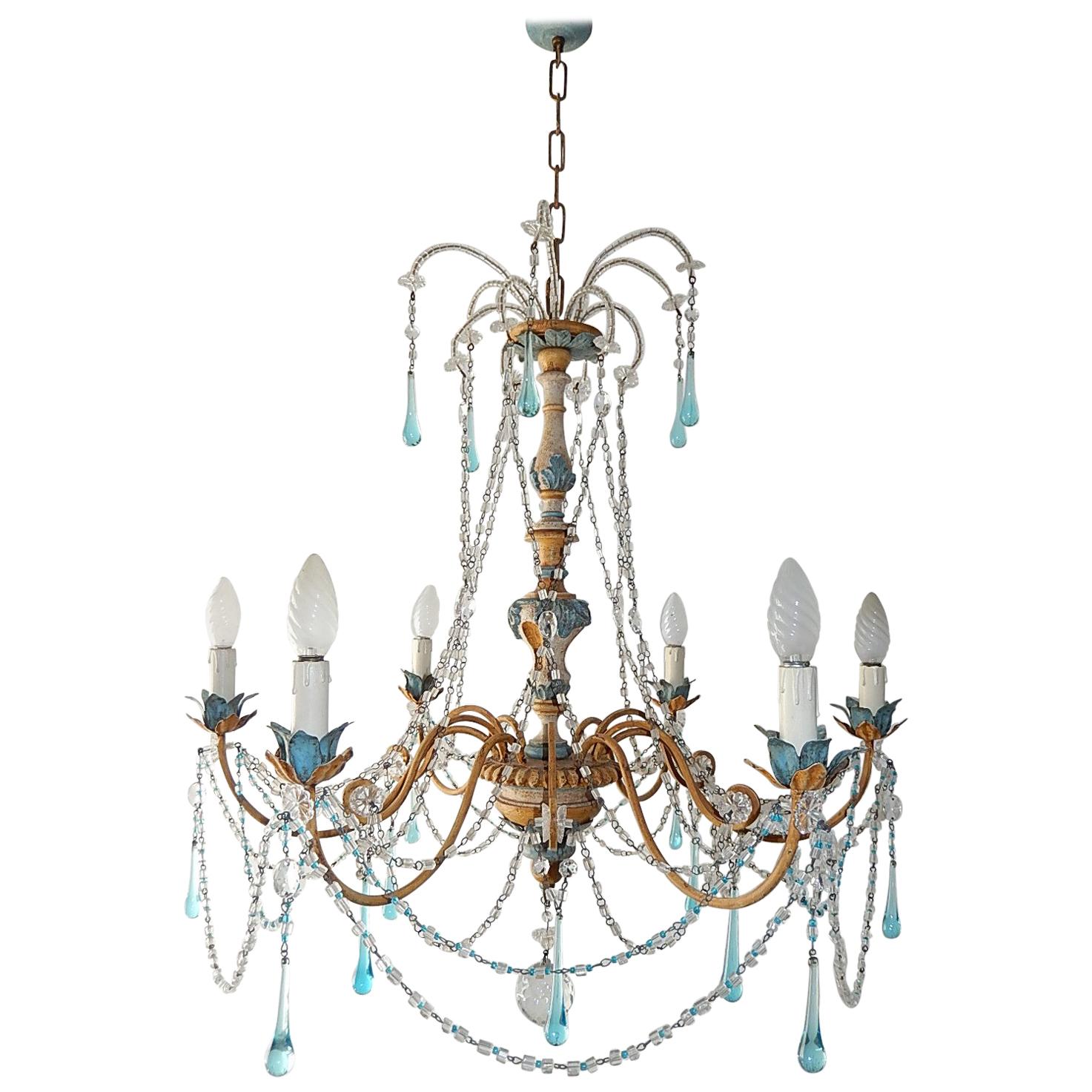 Blue and Yellow Genovese Wood Crystal  Chandelier, circa 1900