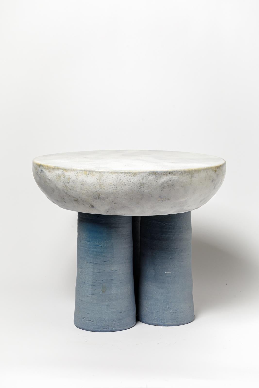 Beaux Arts Blue and yellow glazed ceramic stool or coffee table by Mia Jensen, 2023. For Sale
