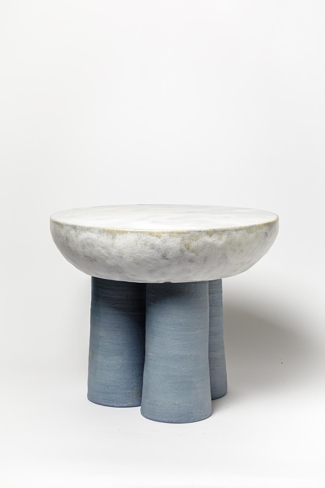 French Blue and yellow glazed ceramic stool or coffee table by Mia Jensen, 2023. For Sale