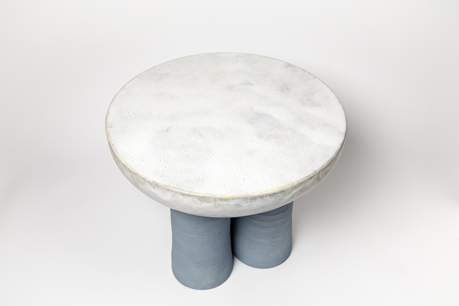 Contemporary Blue and yellow glazed ceramic stool or coffee table by Mia Jensen, 2023. For Sale