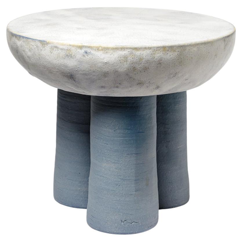 Blue and yellow glazed ceramic stool or coffee table by Mia Jensen, 2023. For Sale