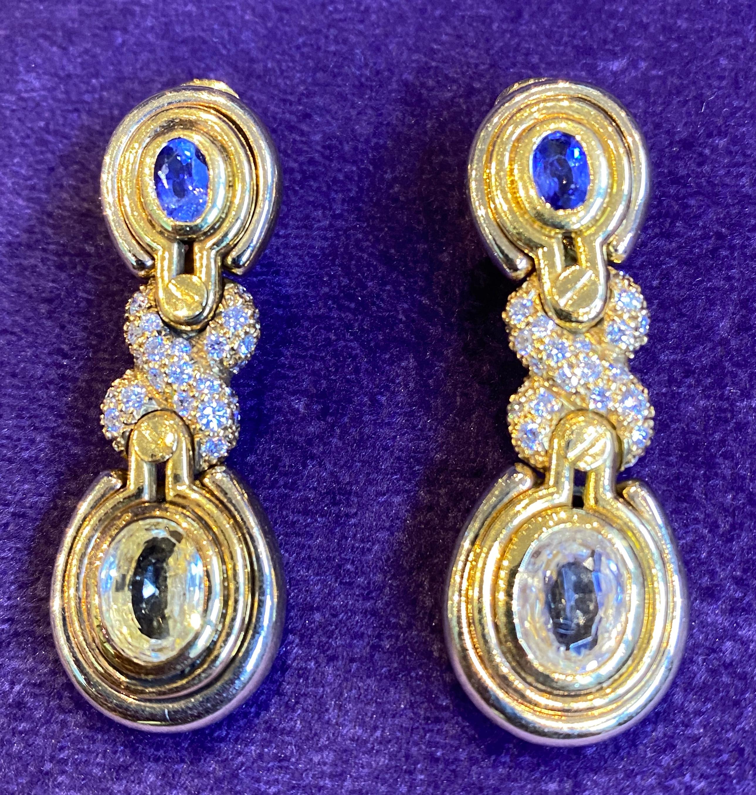 Oval Cut Blue and Yellow Sapphire & Diamond Earrings For Sale