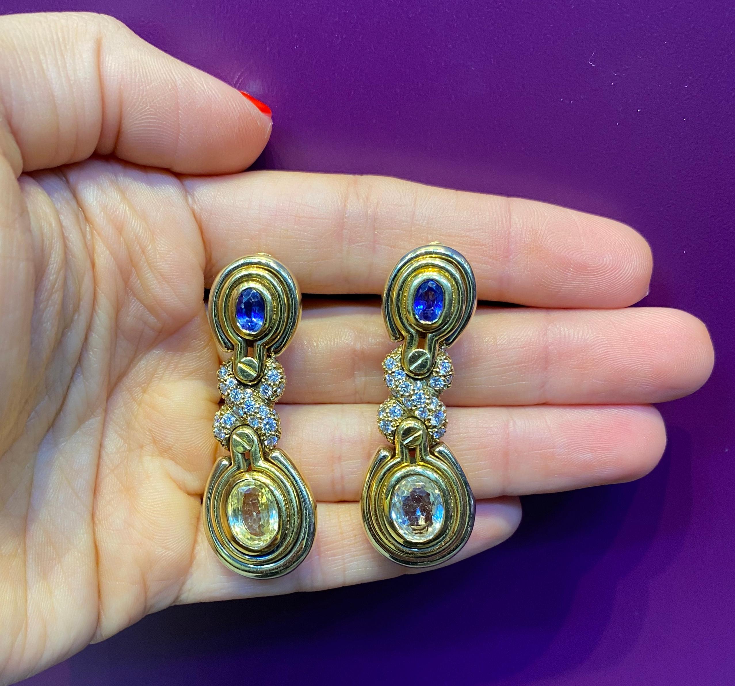Women's Blue and Yellow Sapphire & Diamond Earrings For Sale