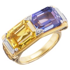 Bague double saphir bleu et jaune en or 18 carats