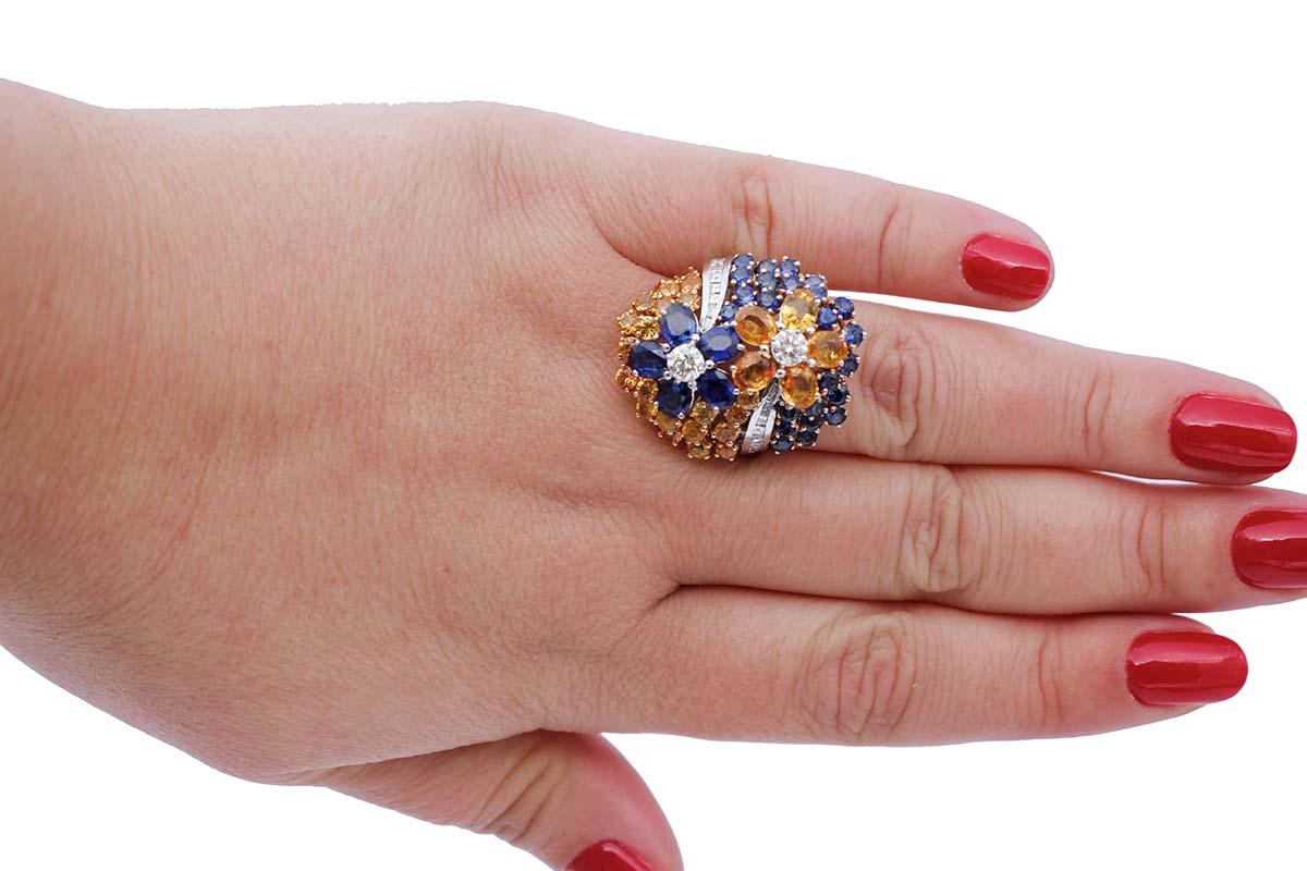 Mixed Cut Blue and Yellow Sapphires, Diamonds, 14 Karat White Gold Ring For Sale