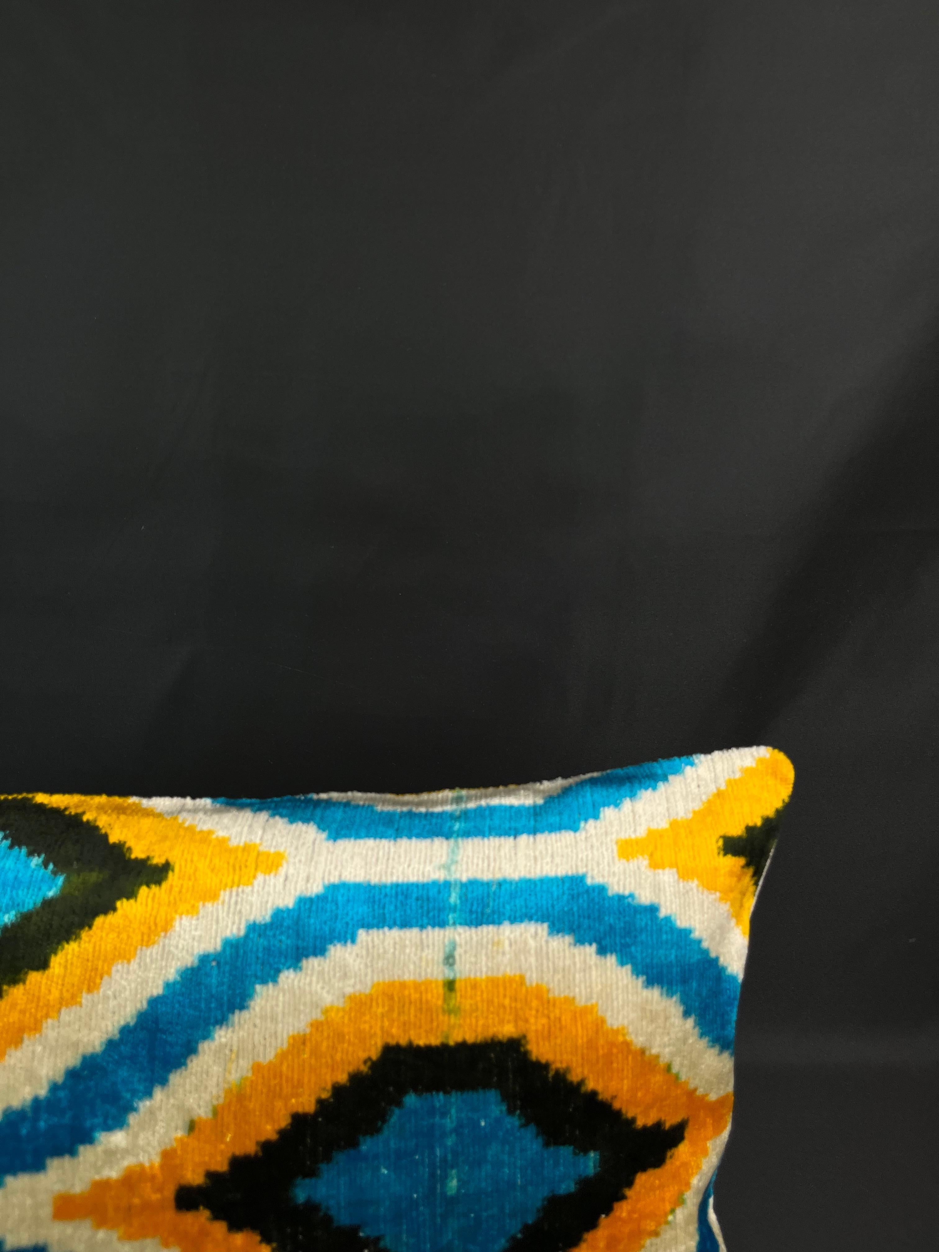 Modern Blue and Yellow Small Velvet Silk Ikat Pillow Cover