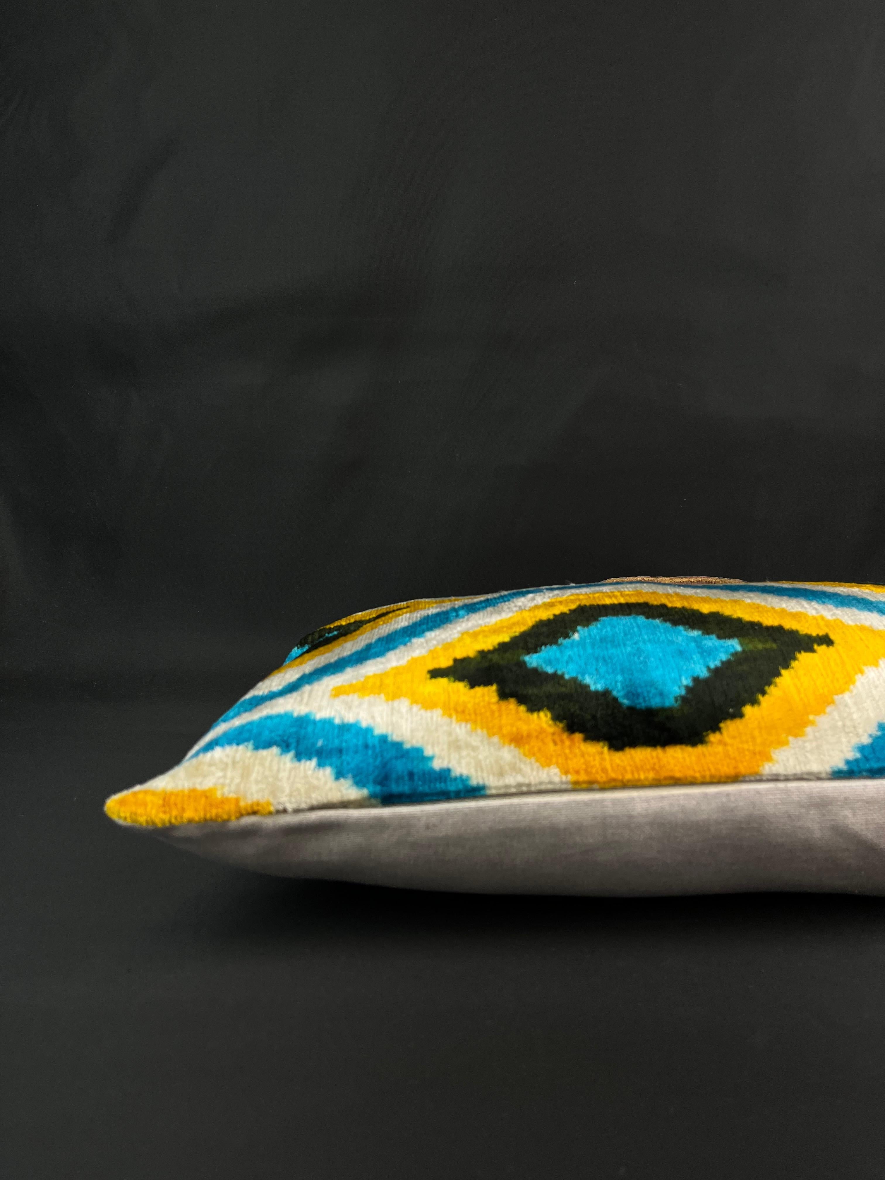 Turkish Blue and Yellow Small Velvet Silk Ikat Pillow Cover