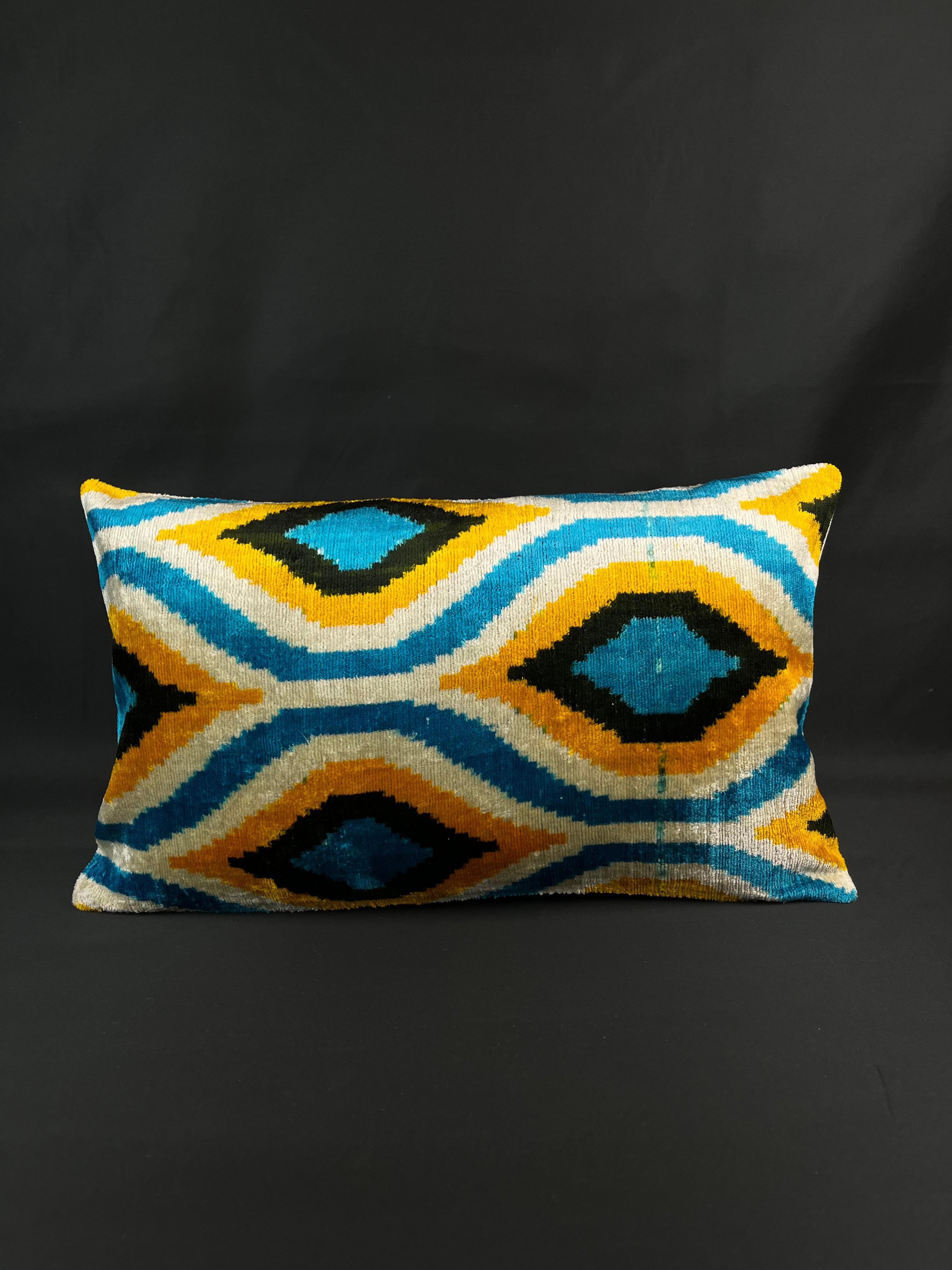 Blue and Yellow Small Velvet Silk Ikat Pillow Cover In New Condition In Houston, TX