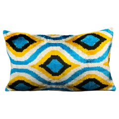 Blue and Yellow Small Velvet Silk Ikat Pillow Cover