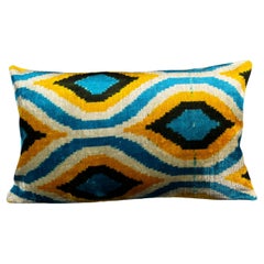 Blue and Yellow Small Velvet Silk Ikat Pillow Cover