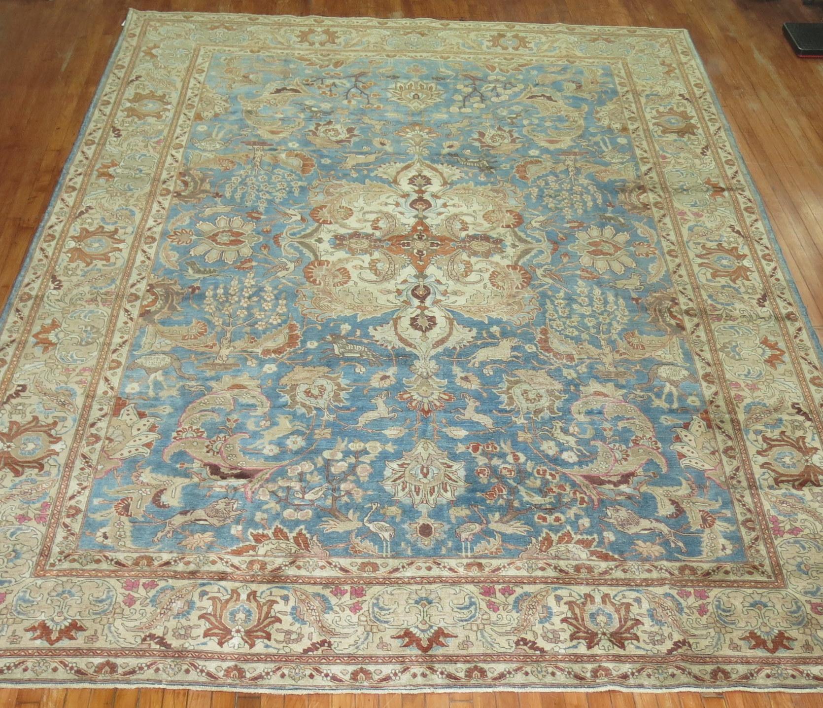 Blue Animal Pictorial Antique Persian Tabriz Room Size Rug For Sale 3