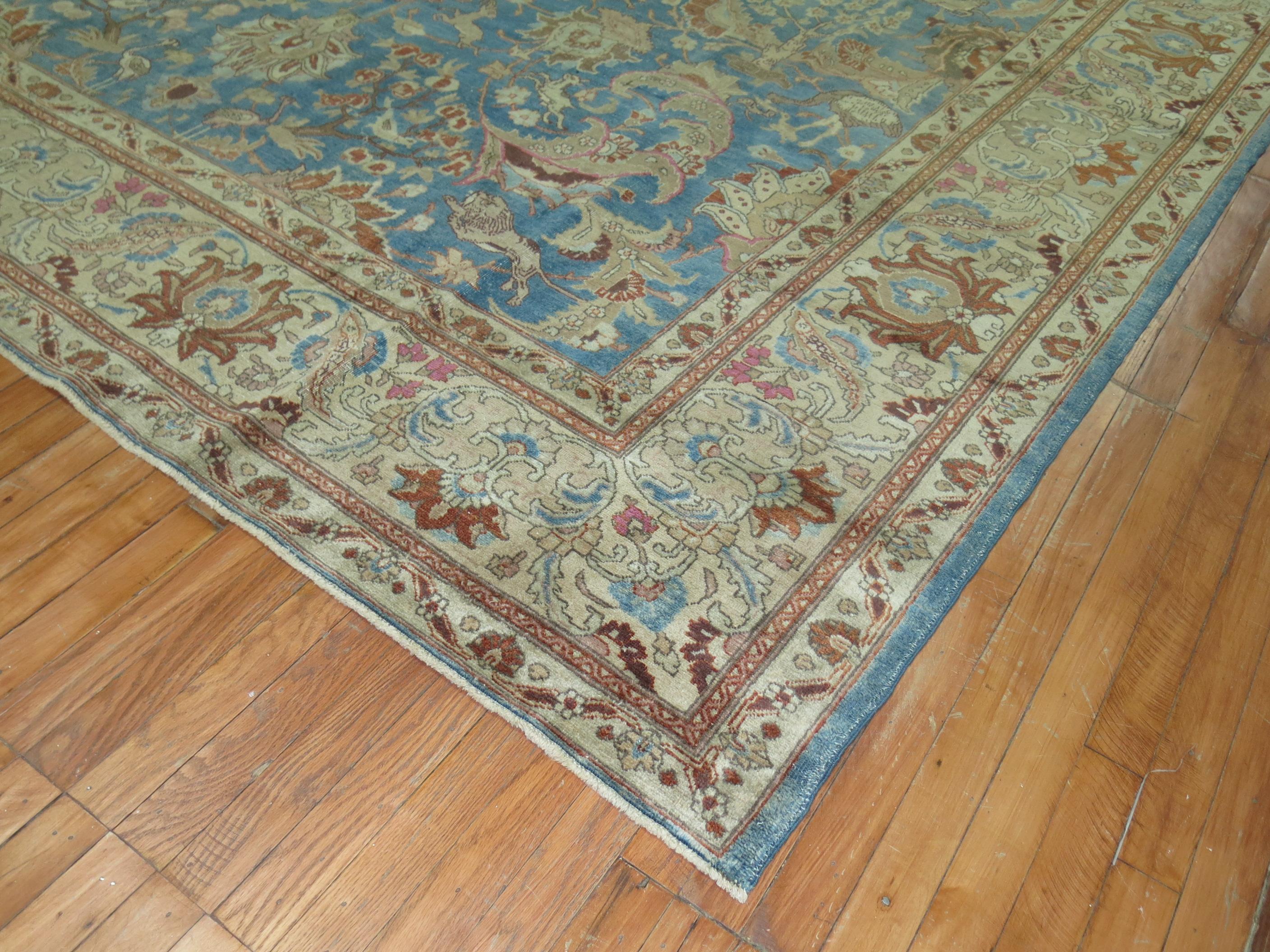 American Classical Blue Animal Pictorial Antique Persian Tabriz Room Size Rug For Sale