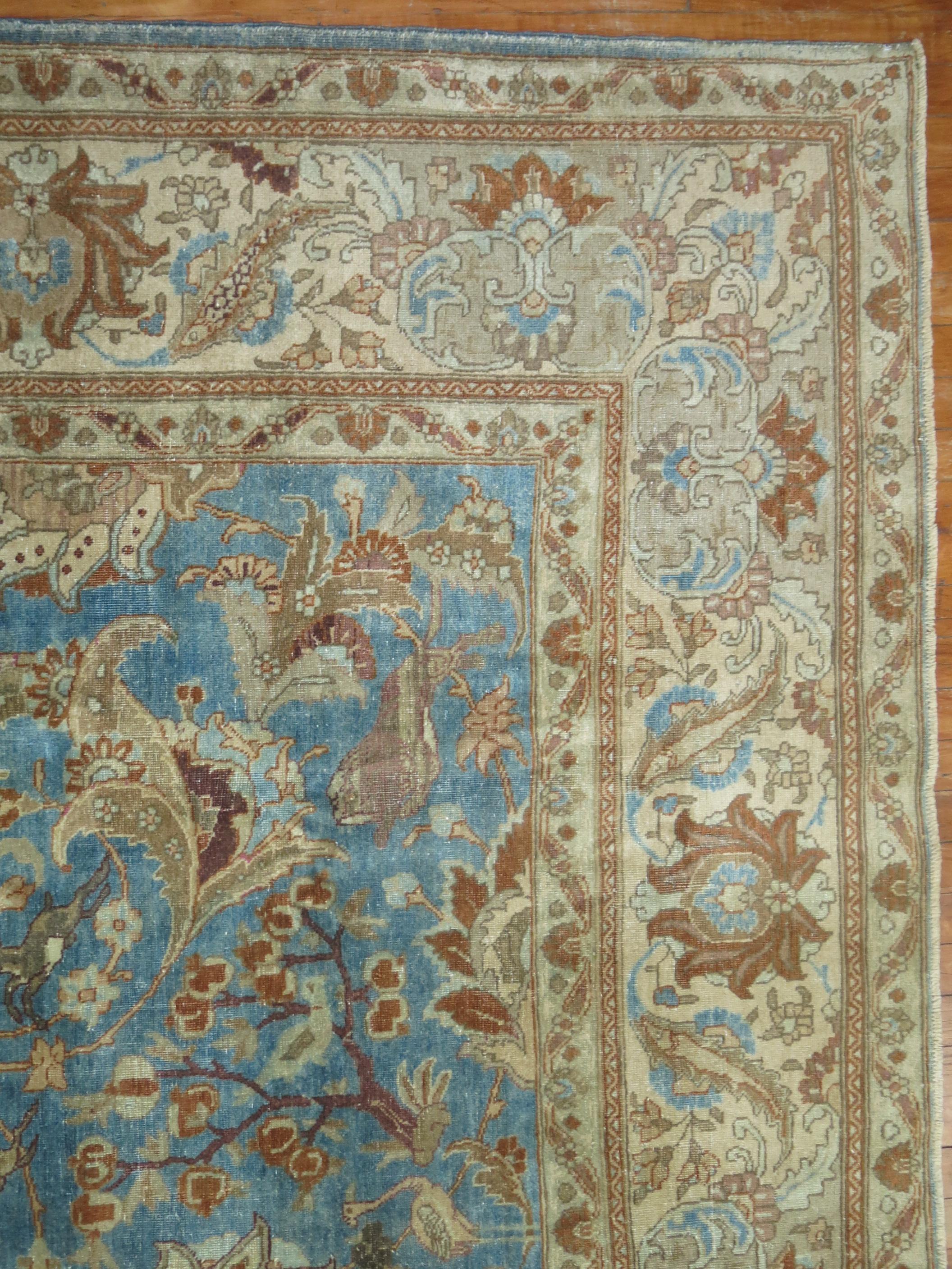Hand-Woven Blue Animal Pictorial Antique Persian Tabriz Room Size Rug For Sale