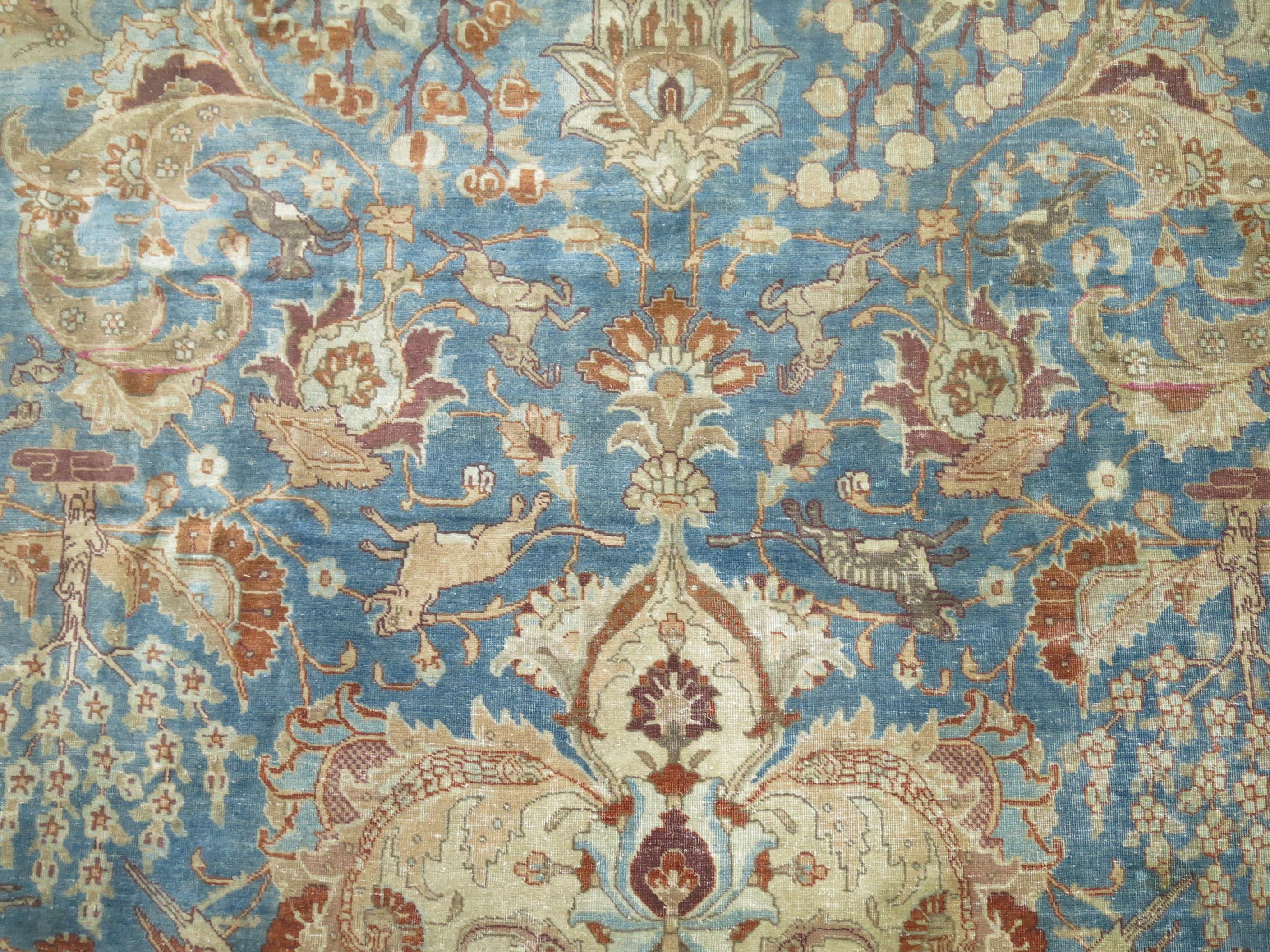 20th Century Blue Animal Pictorial Antique Persian Tabriz Room Size Rug For Sale