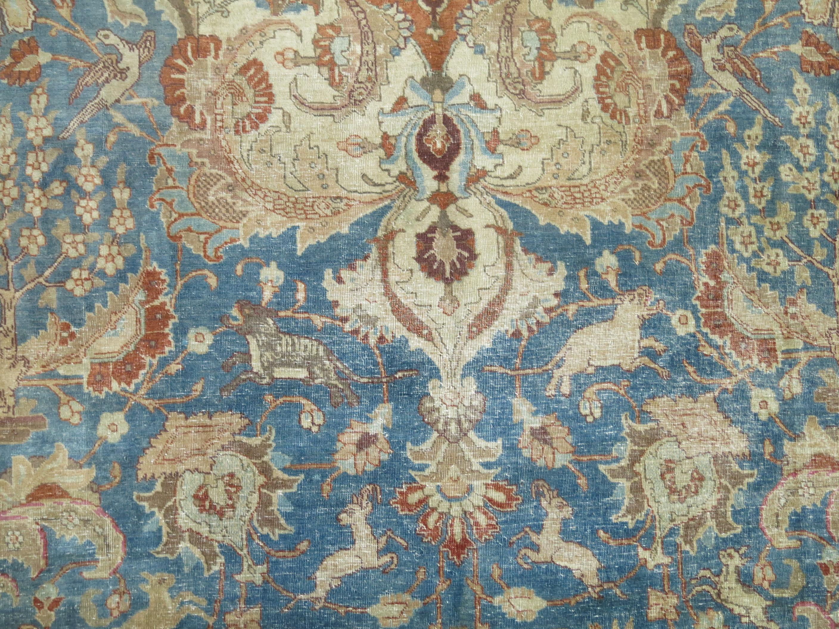 Wool Blue Animal Pictorial Antique Persian Tabriz Room Size Rug For Sale