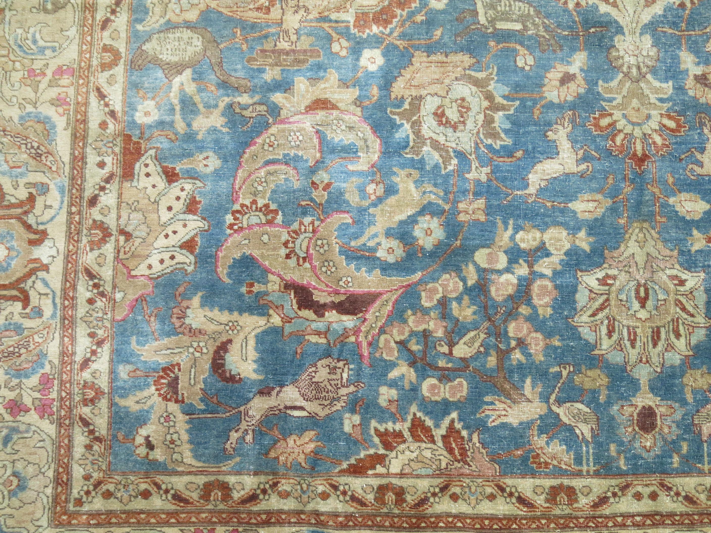 Blue Animal Pictorial Antique Persian Tabriz Room Size Rug For Sale 1