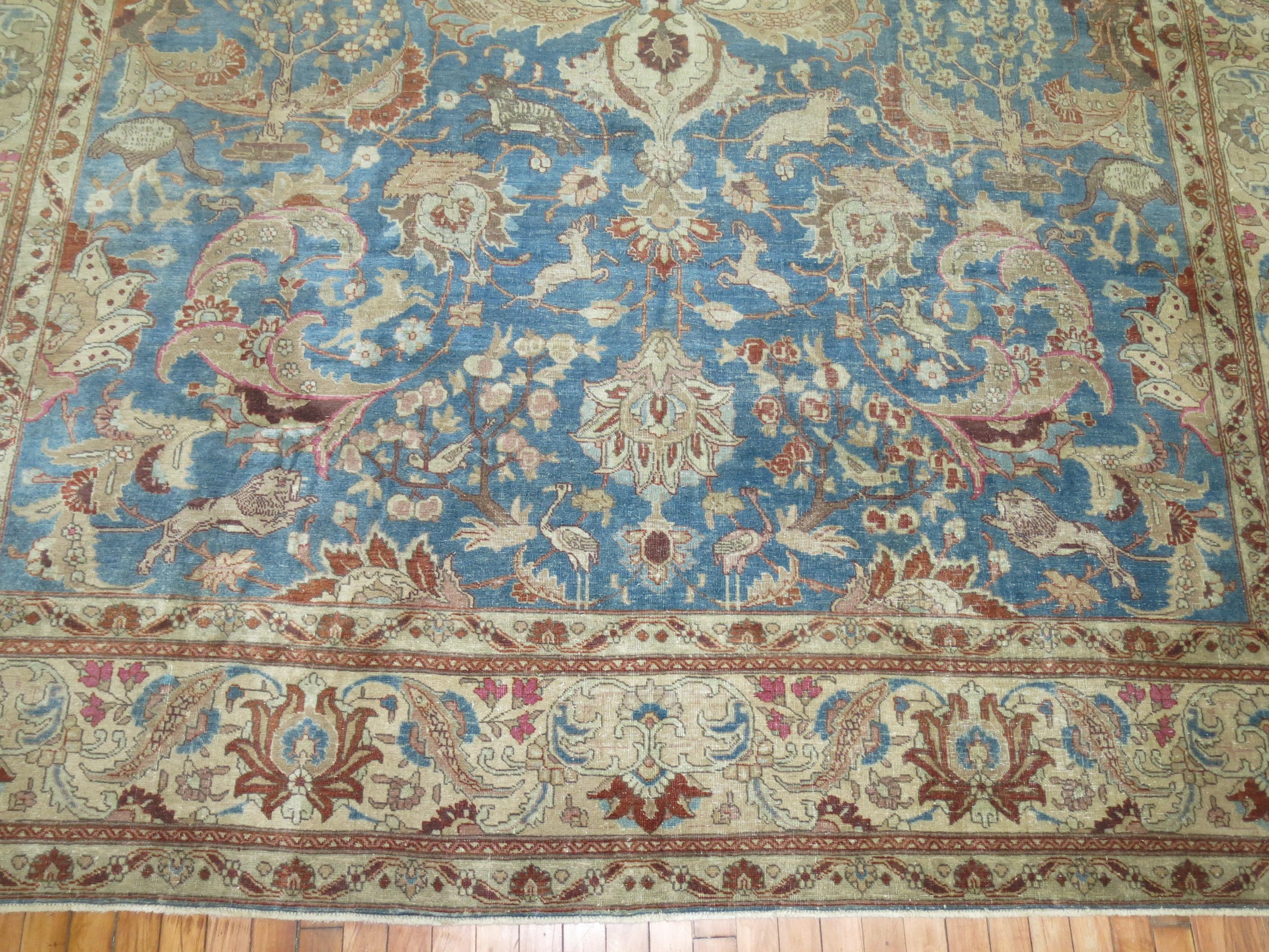 Blue Animal Pictorial Antique Persian Tabriz Room Size Rug For Sale 2