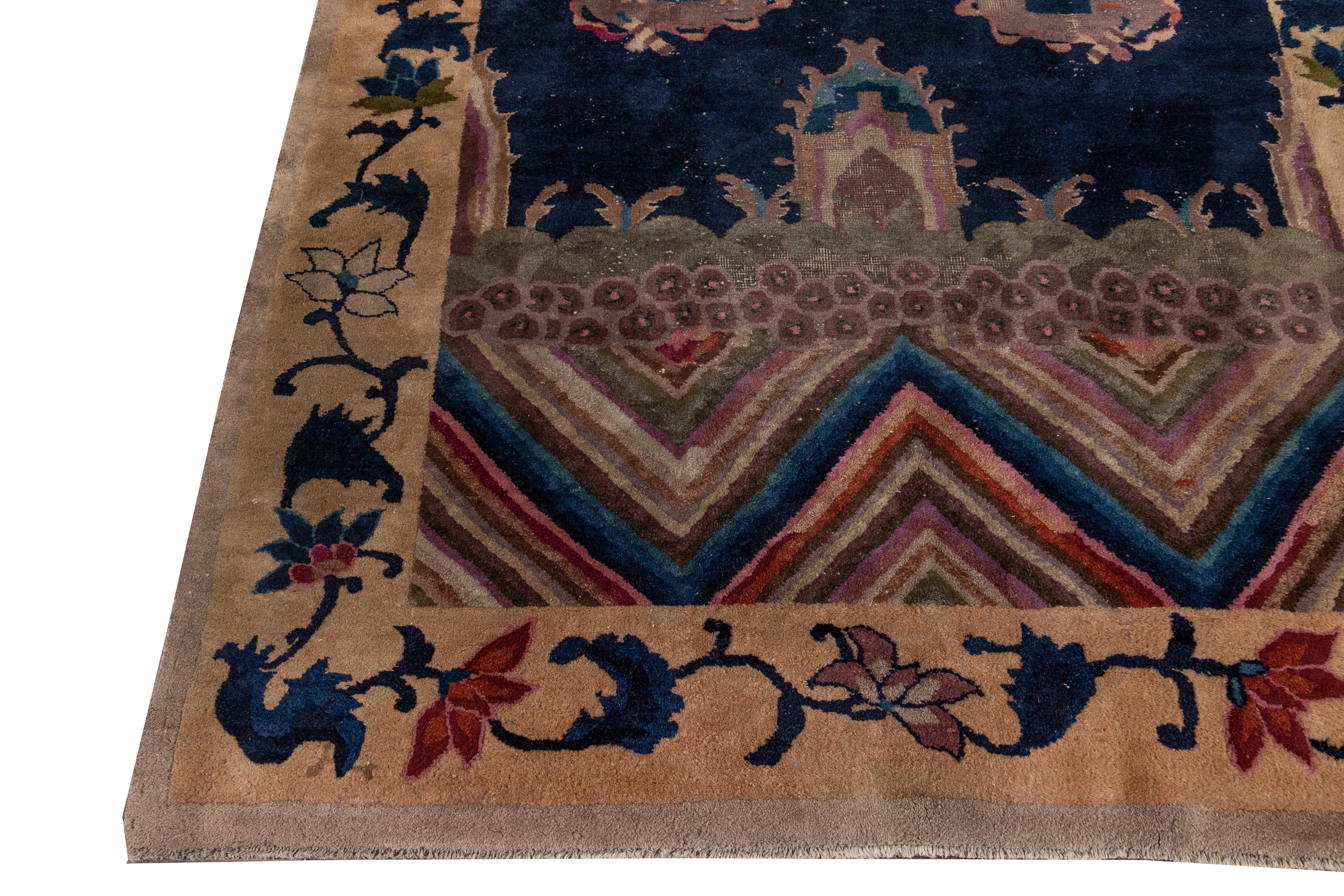 Blue Antique Art Deco Chinese Handmade Wool Rug For Sale 4