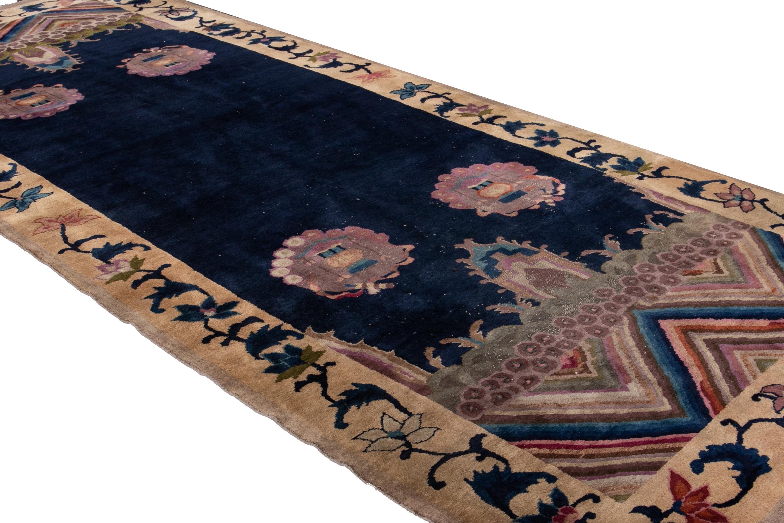 Blue Antique Art Deco Chinese Handmade Wool Rug For Sale 5