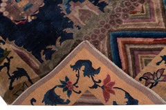 Blue Antique Art Deco Chinese Handmade Wool Rug