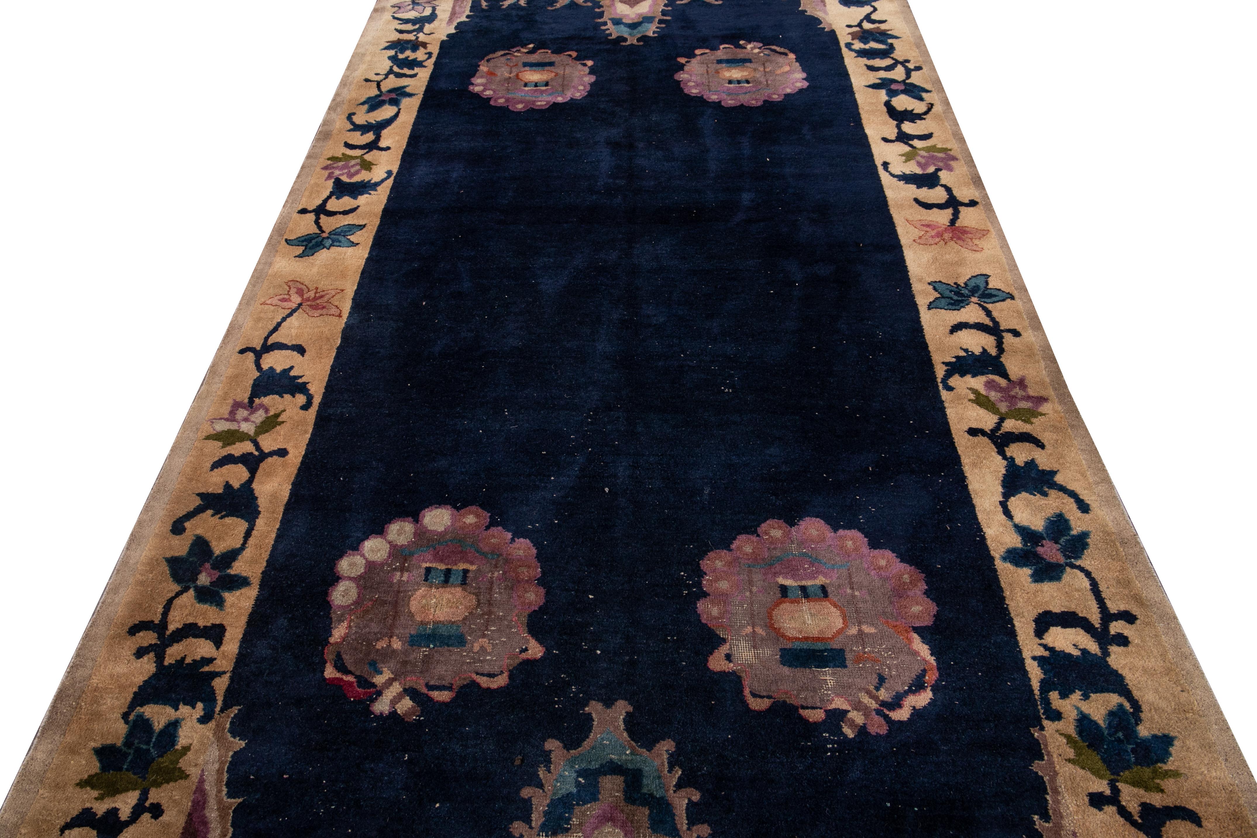 Hand-Knotted Blue Antique Art Deco Chinese Handmade Wool Rug For Sale