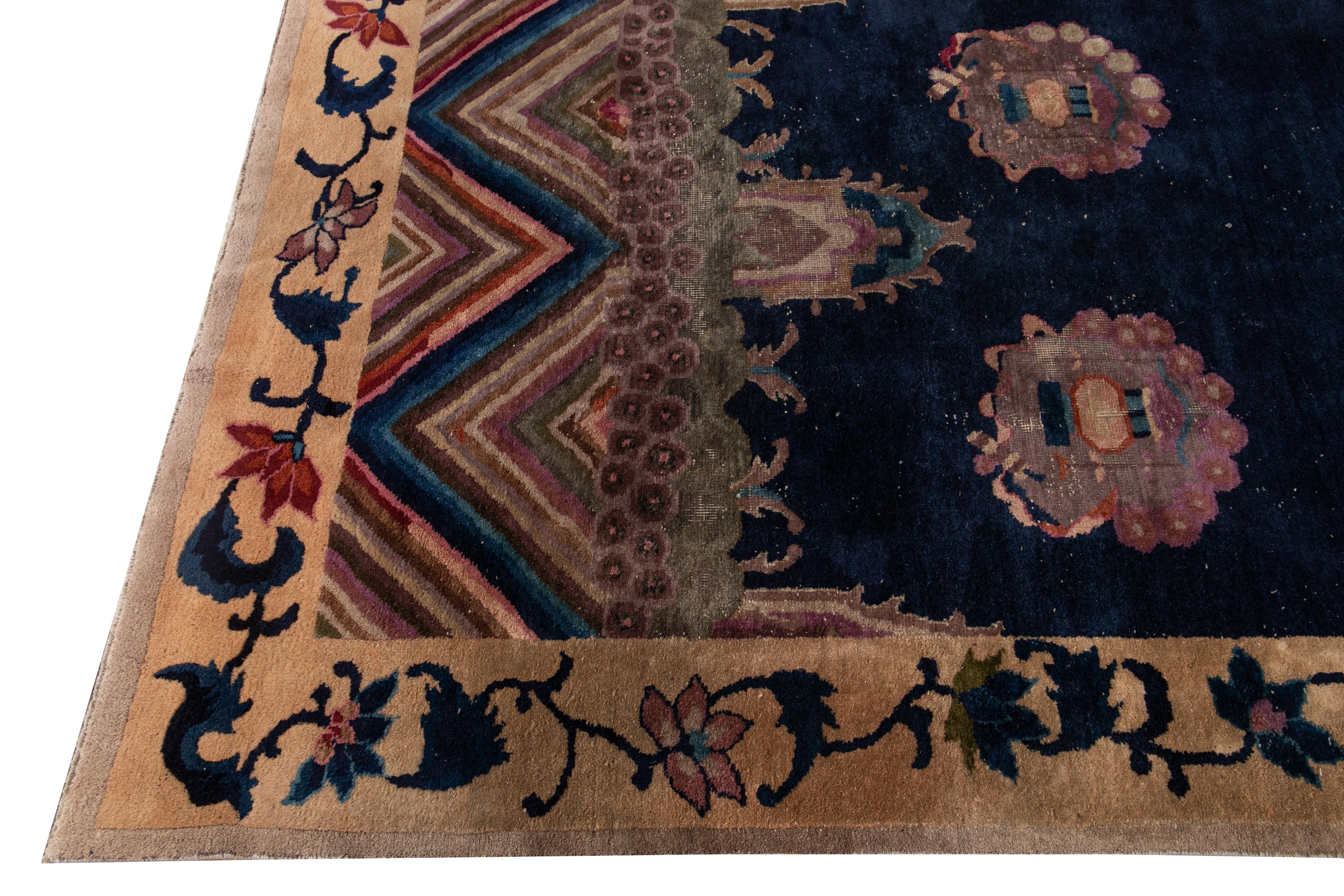 Blue Antique Art Deco Chinese Handmade Wool Rug In Distressed Condition For Sale In Norwalk, CT