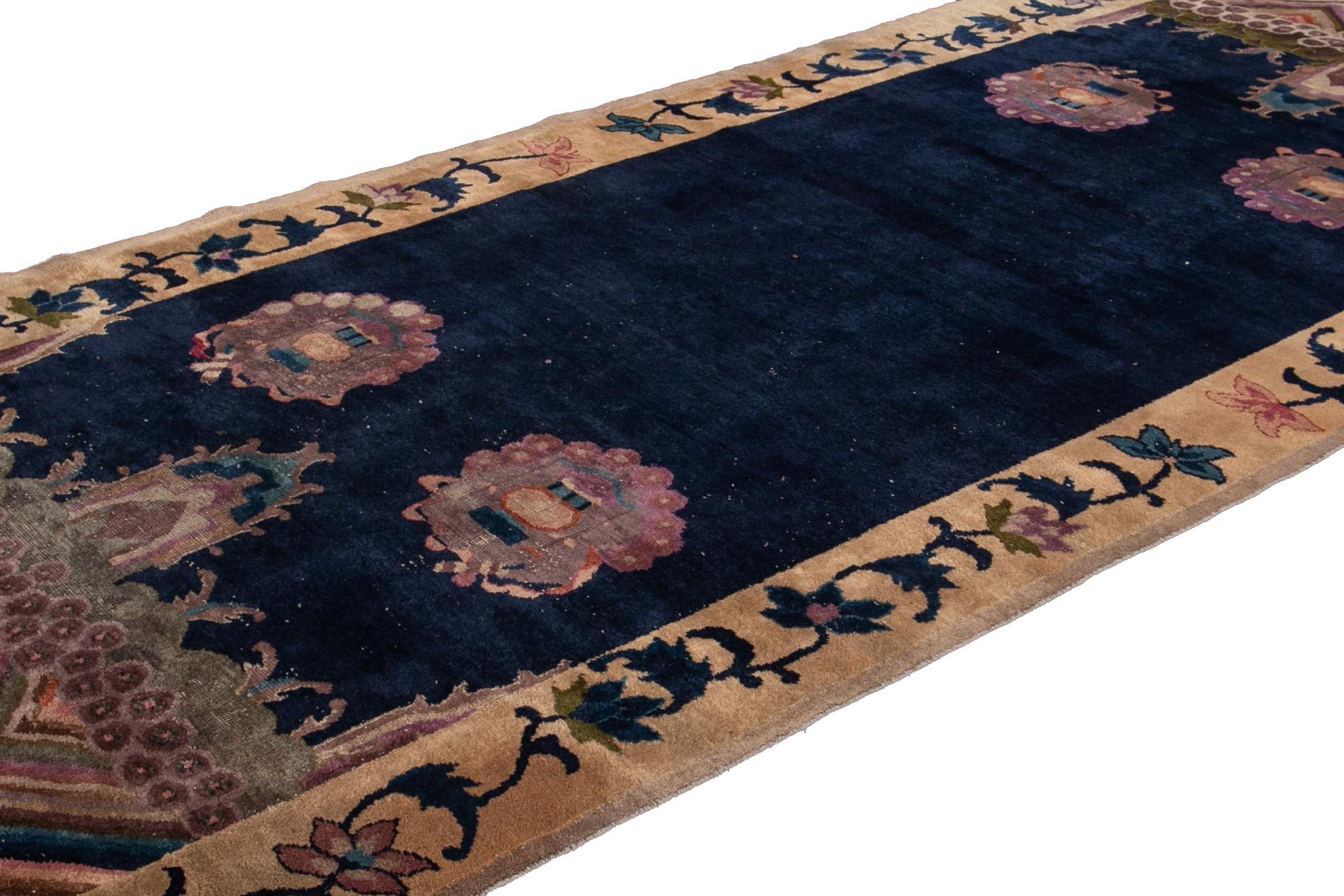 Other Blue Antique Art Deco Chinese Handmade Wool Rug For Sale