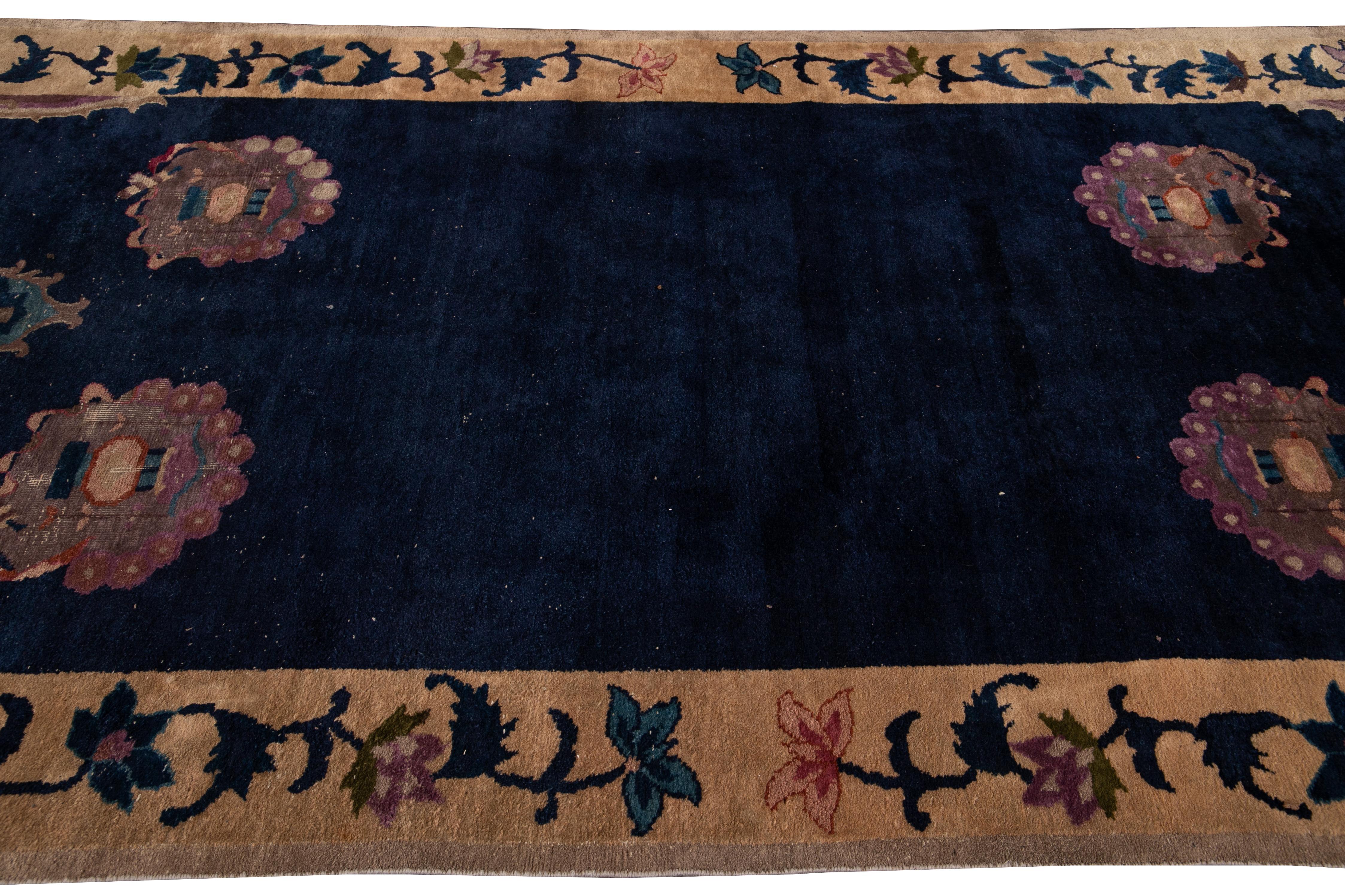 Blue Antique Art Deco Chinese Handmade Wool Rug For Sale 1